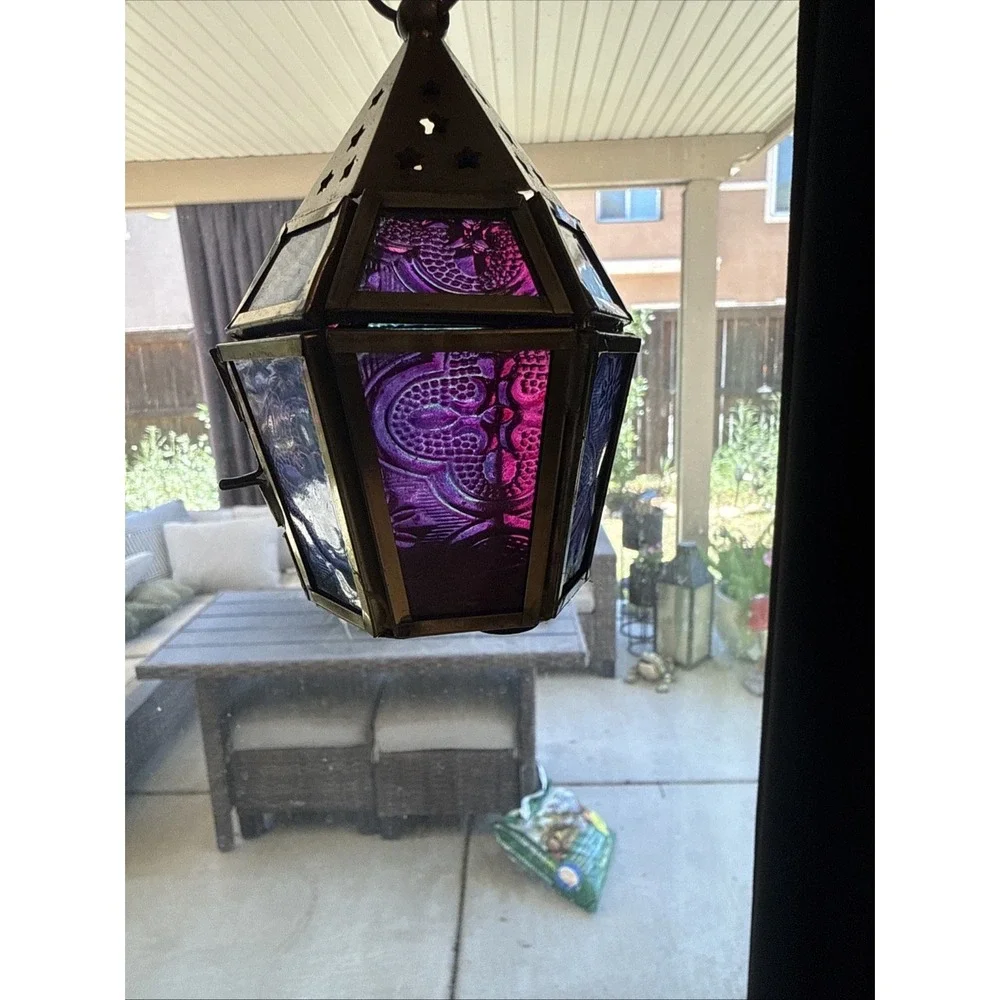 Lantern Candle Holder - Multicolor Color Glass, Metal UNSIGNED Witchy Incense - Picture 3 of 5